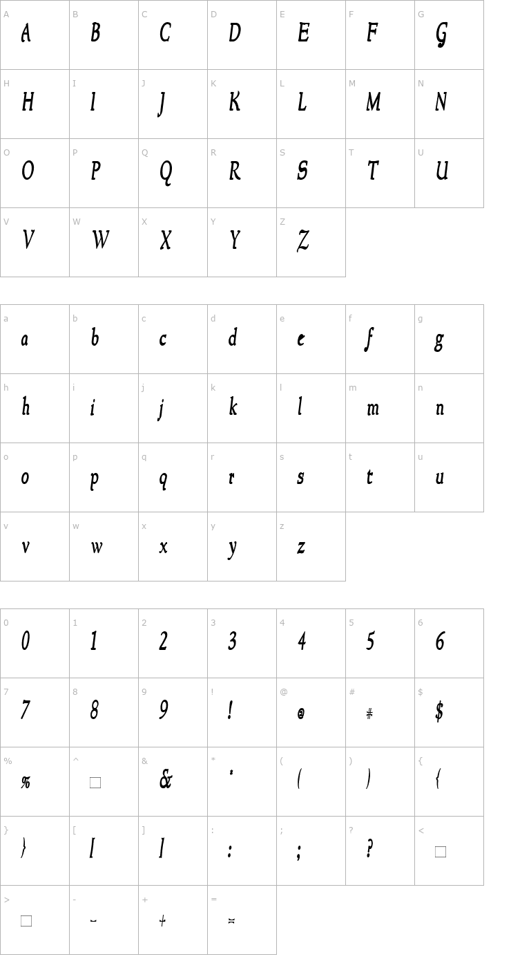 Character Map NewStyleCondensed Bold Italic Font