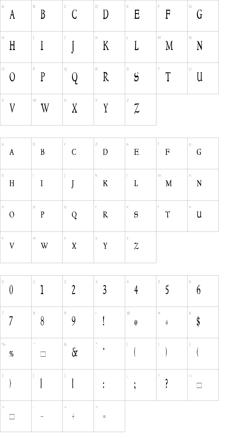 Character Map NewStyleTitlingCondensed Font