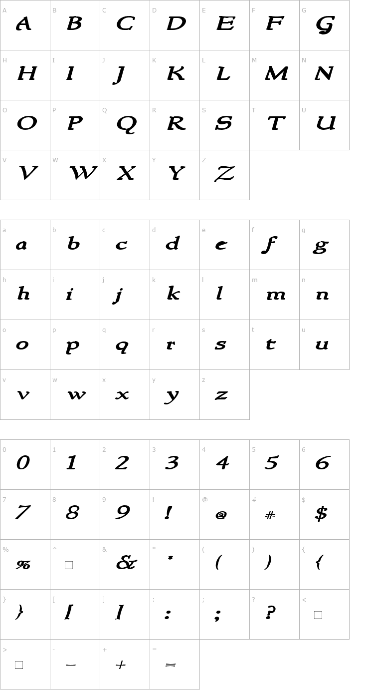 Character Map NewStyleWide Bold Italic Font