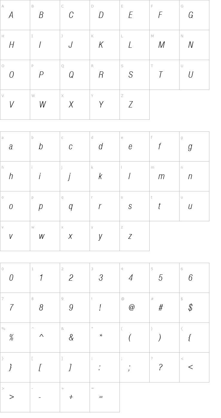 Character Map Nimbus_Sans_Becker_DLigCon_Italic Font