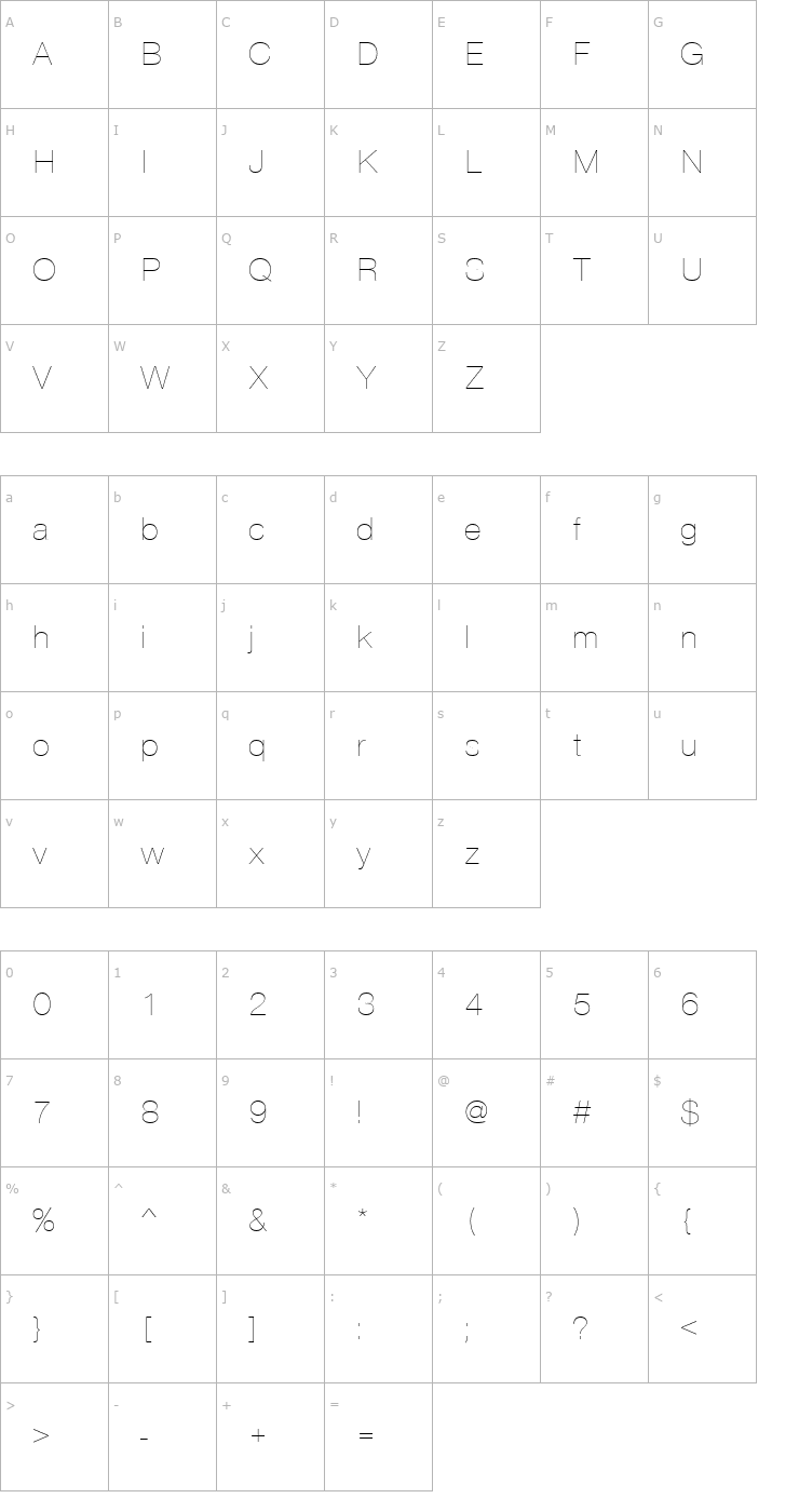 Character Map Nimbus_Sans_Becker_DUltLig Font