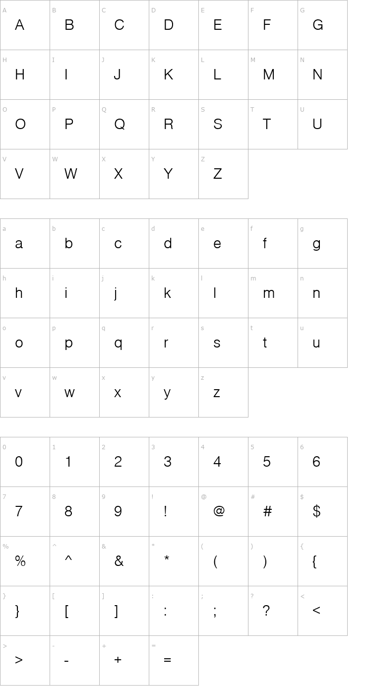 Character Map Nimbus_Sans_Becker_No5TLig Font