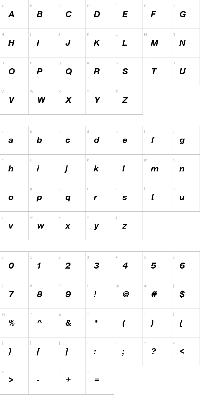 Character Map Nimbus_Sans_Becker_P_Bold_Italic Font