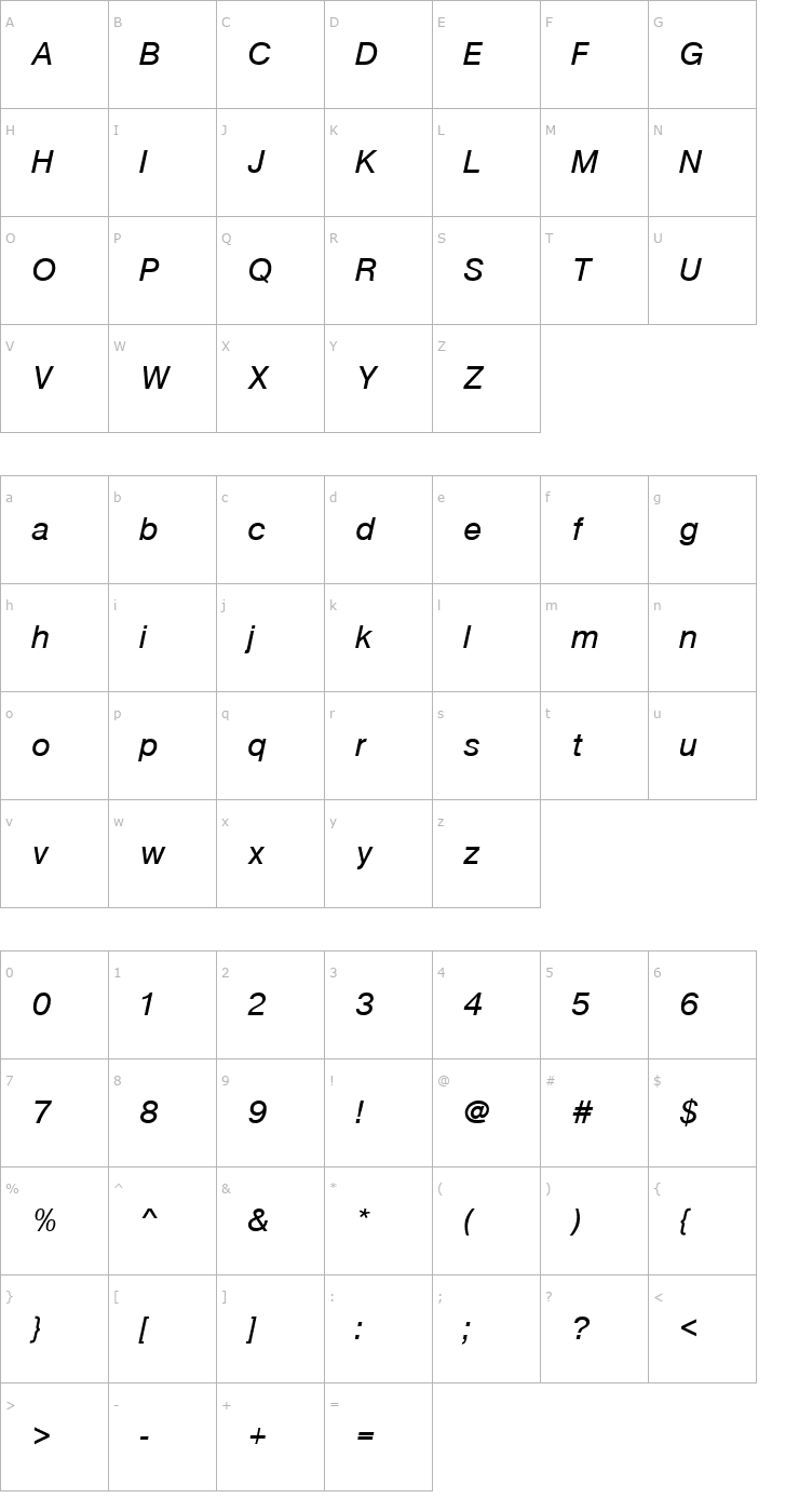 Character Map Nimbus_Sans_Becker_P_Italic Font