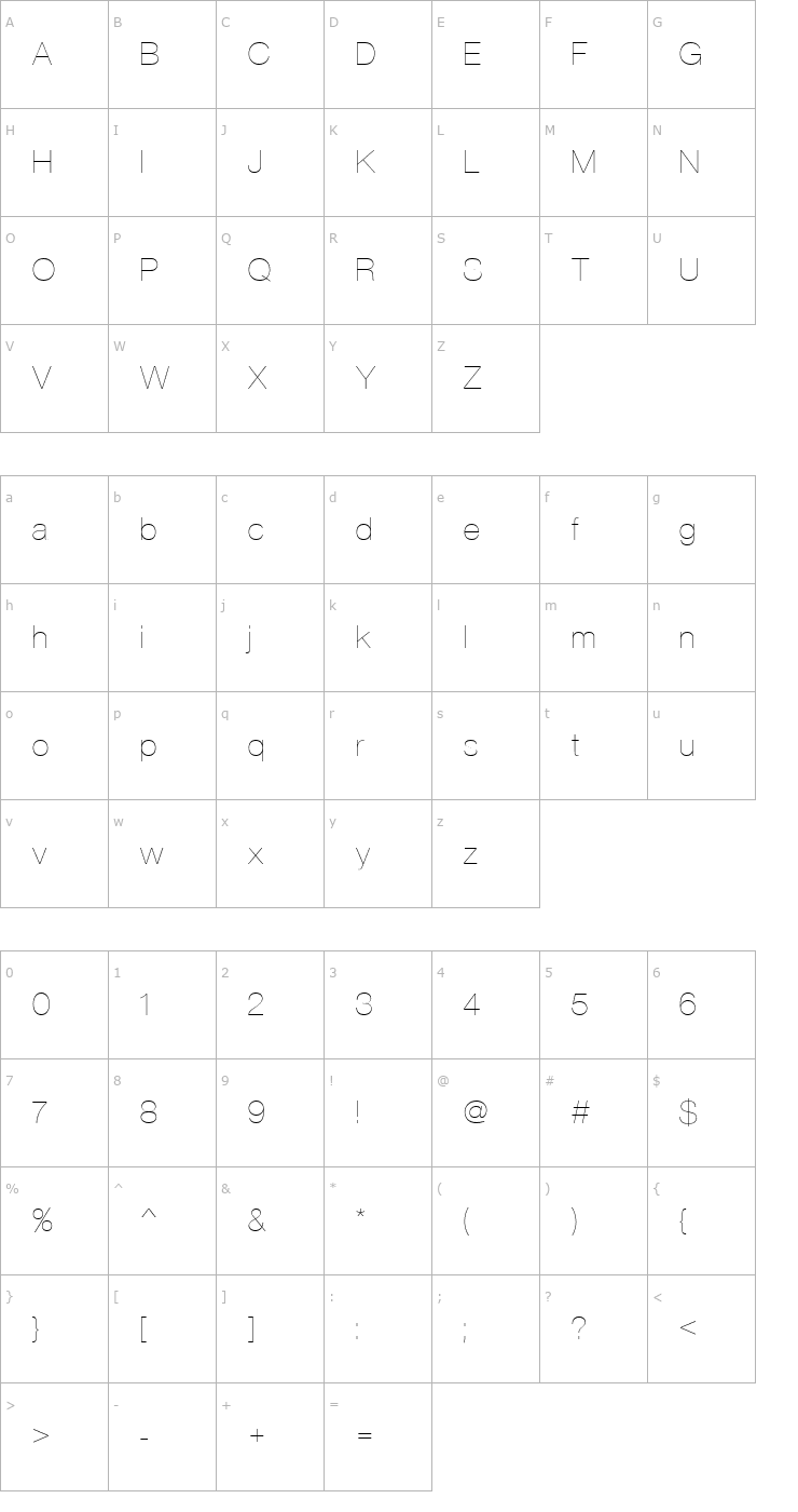 Character Map Nimbus_Sans_Becker_PUltLig Font