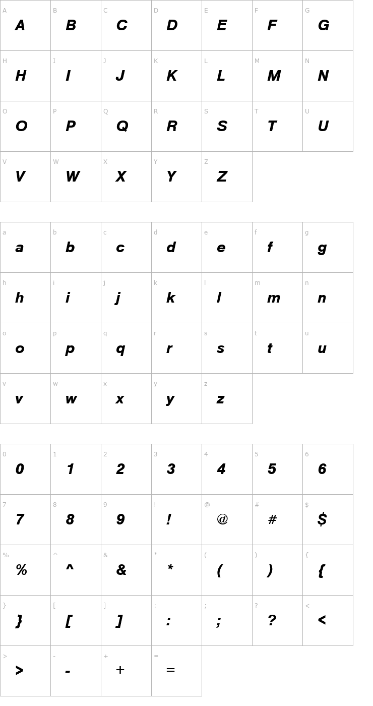 Character Map Nimbus_Sans_Becker_T_Bold_Italic Font