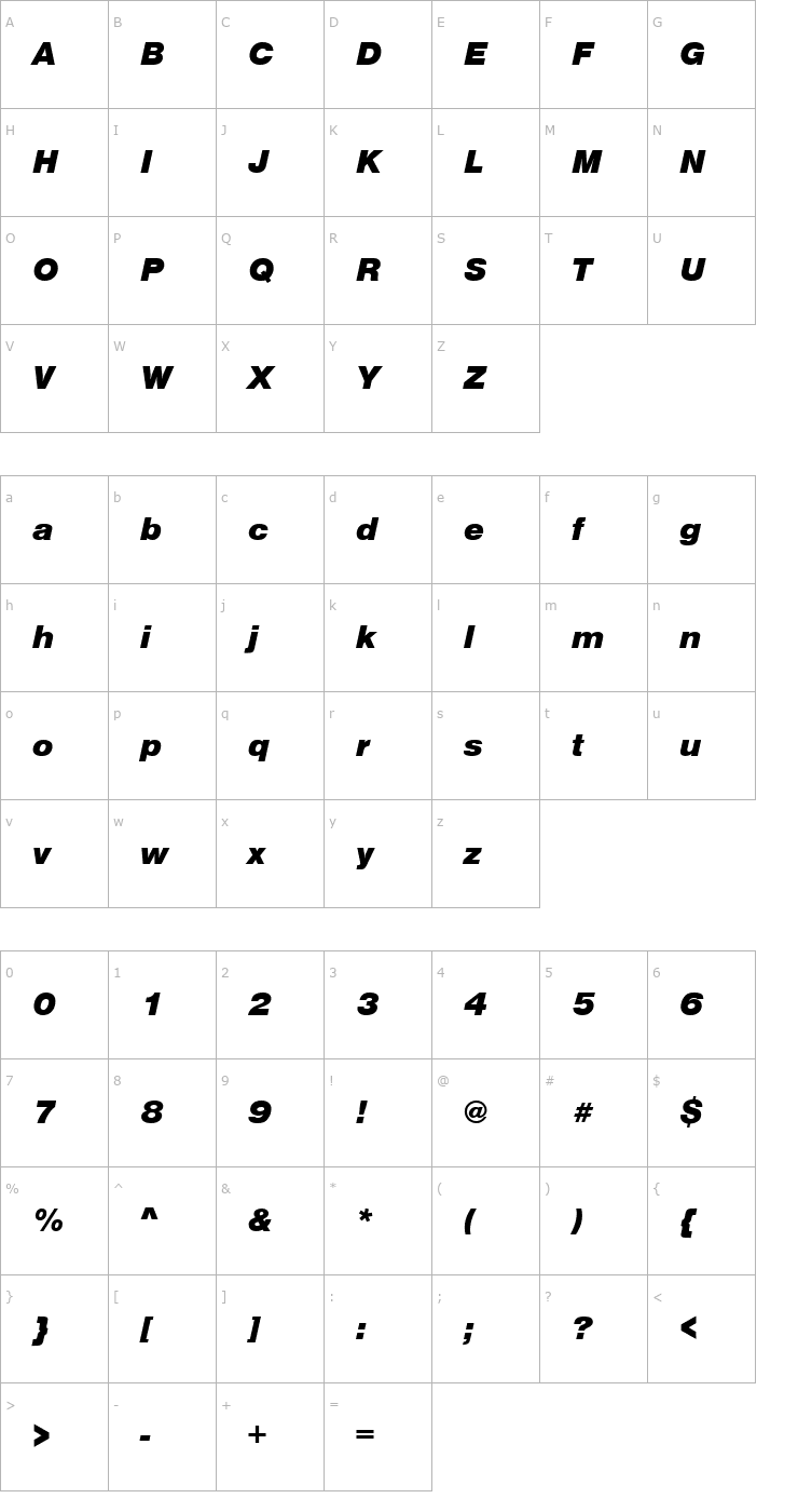 Character Map Nimbus_Sans_Becker_TBla_Italic Font