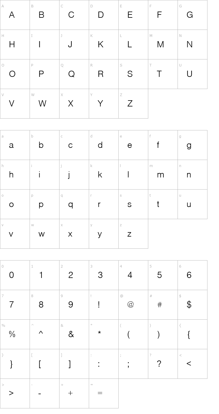 Character Map Nimbus_Sans_Becker_TLig Font