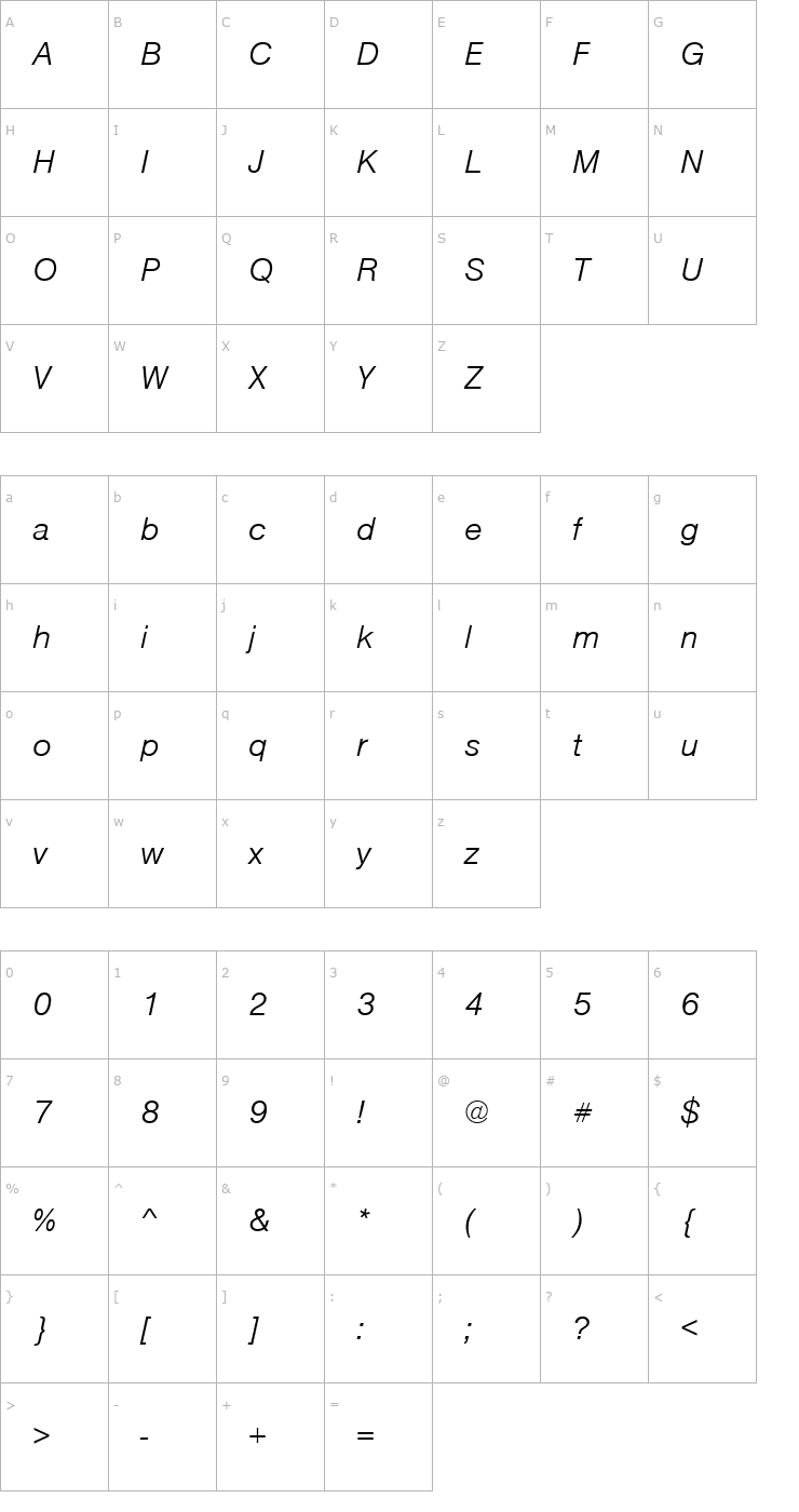 Character Map Nimbus_Sans_Becker_TLig_Italic Font