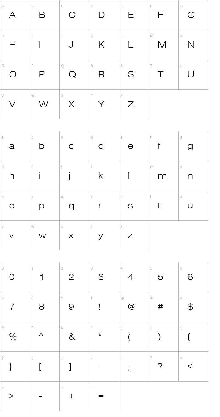 Character Map Nimbus_Sans_Becker_TLigExt Font