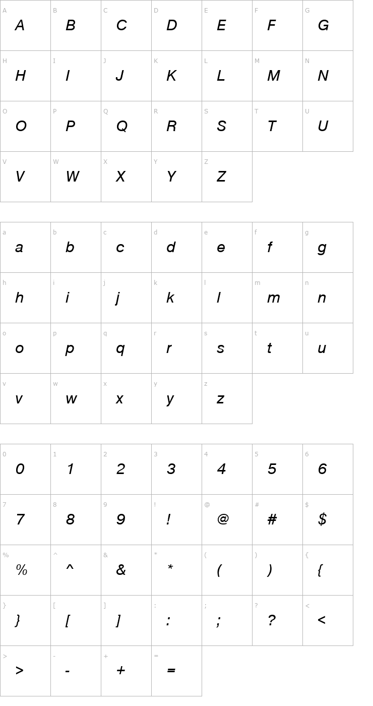 Character Map NimbusSanD Italic Font