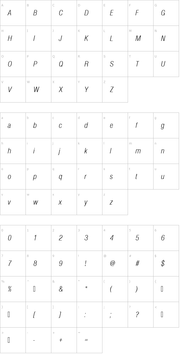 Character Map NimbusSanDLigConItaRo1 Font