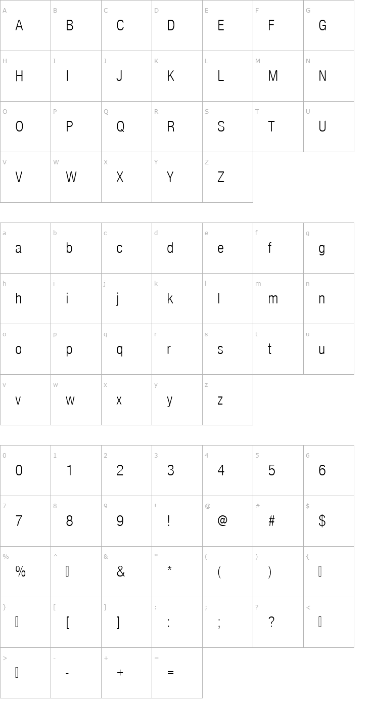 Character Map NimbusSanDLigConRo1 Font