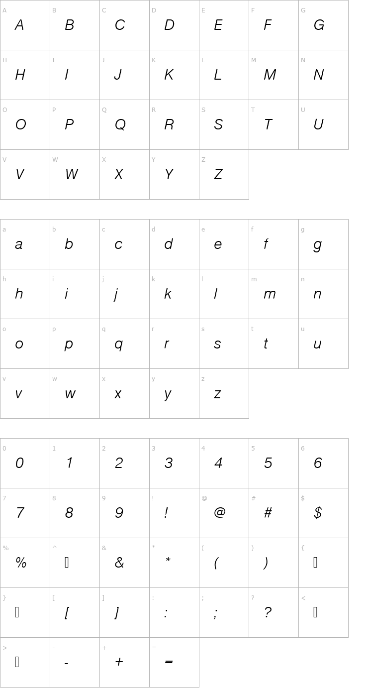 Character Map NimbusSanDLigItaRo1 Font
