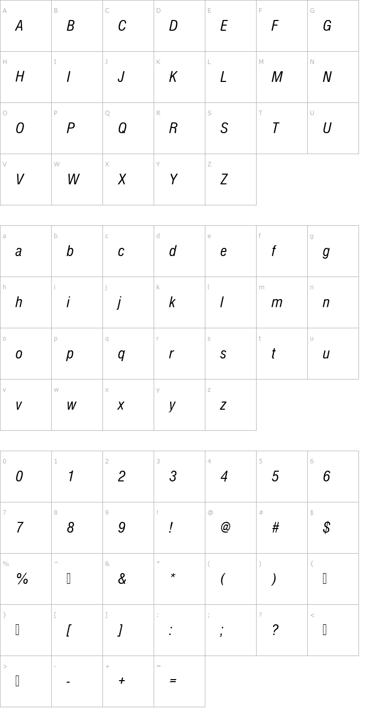 Character Map NimbusSanDRegConItaRo1 Font