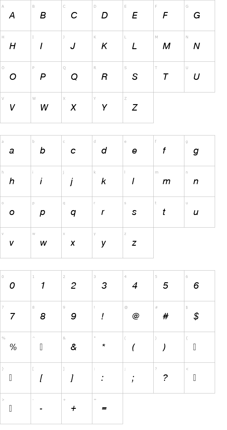 Character Map NimbusSanDRegItaRo1 Font