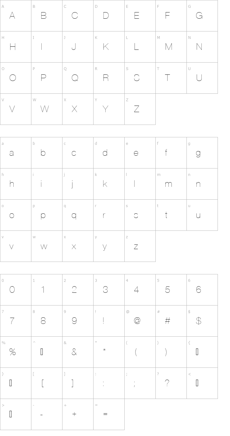 Character Map NimbusSanDUltLigRo1 Font