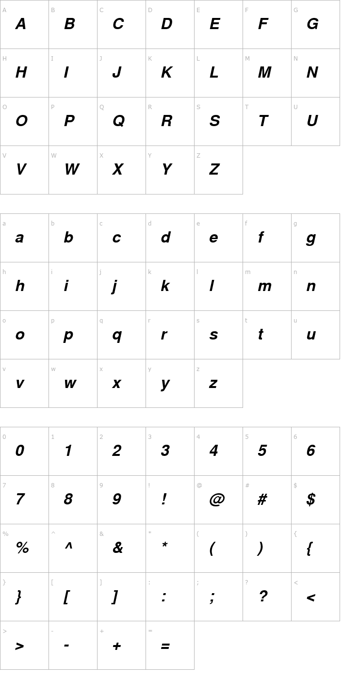 Character Map NimbusSanLTU Bold Italic Font