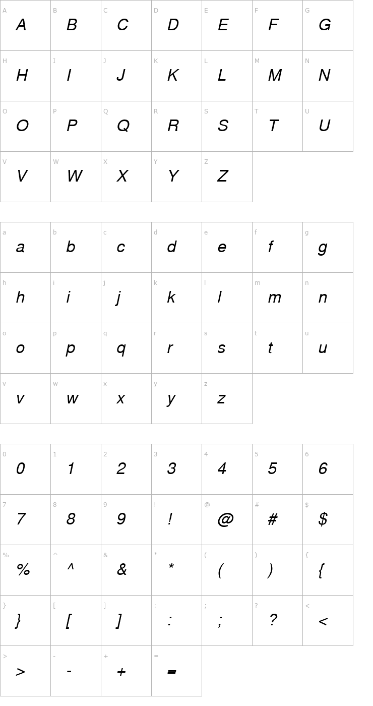 Character Map NimbusSanLTU Italic Font