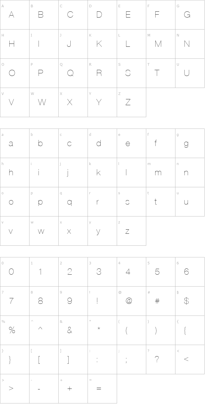 Character Map NimbusSanNovDUltLig Font