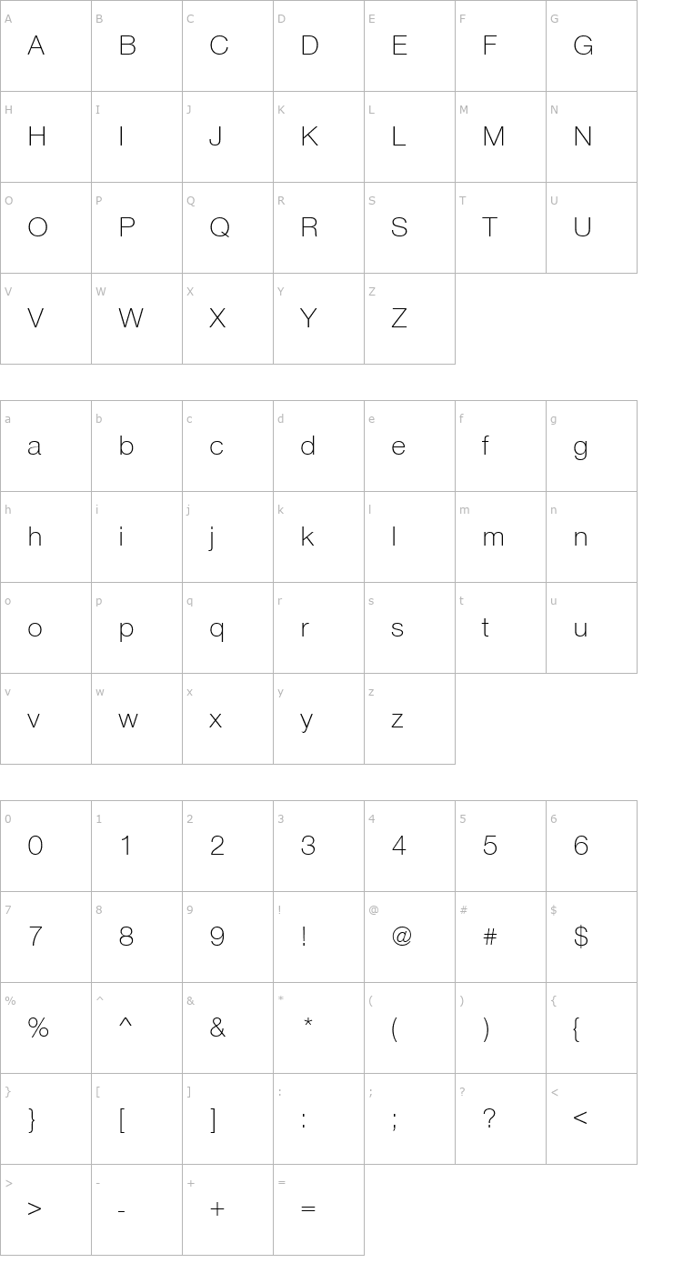 Character Map NimbusSanNovTLig Font