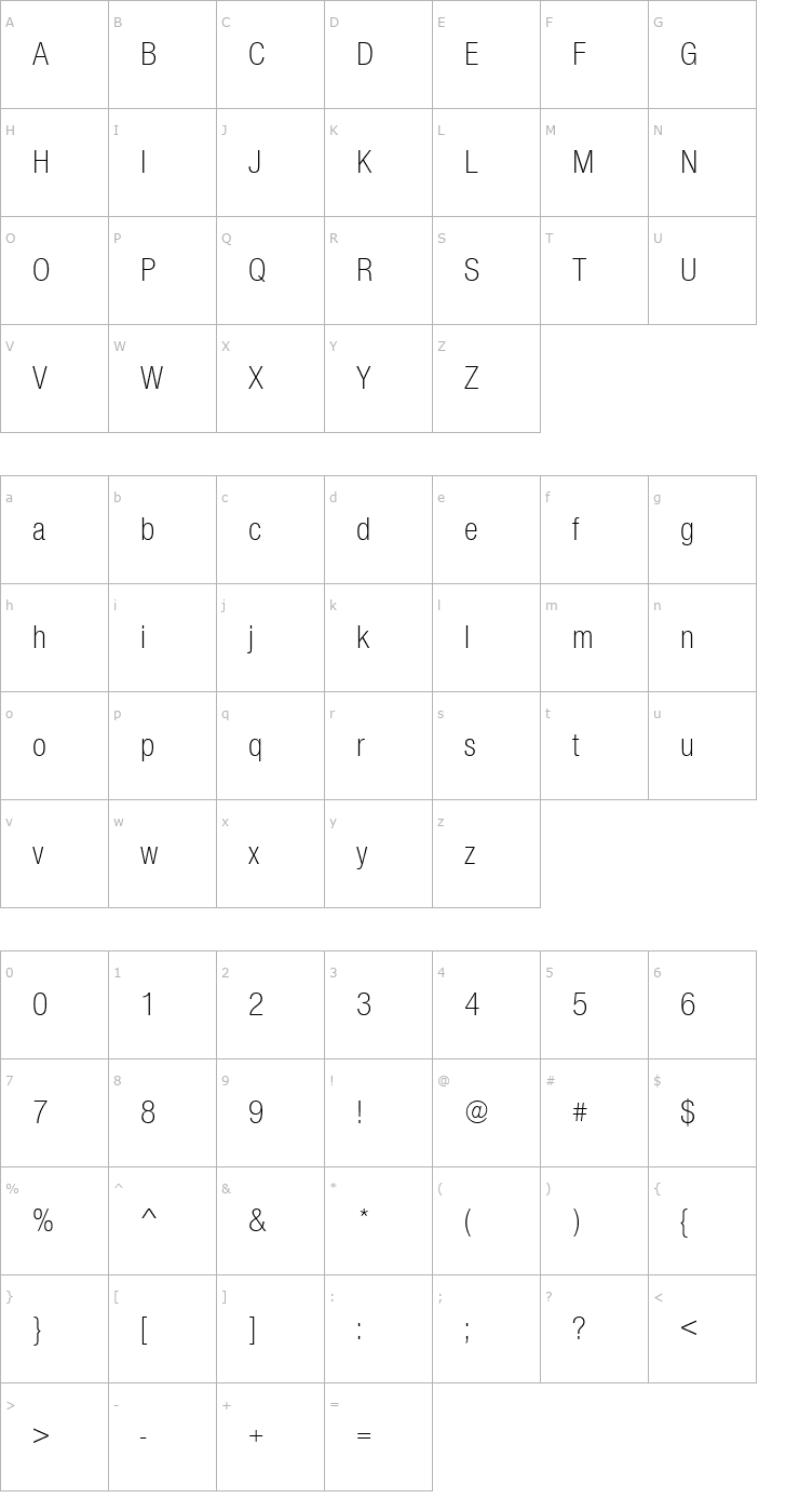 Character Map NimbusSanNovTLigCon Font
