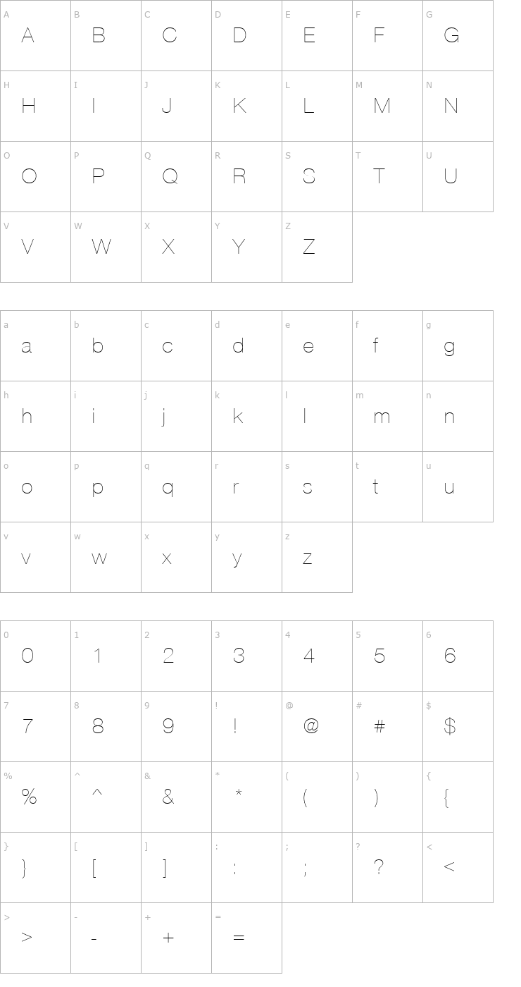 Character Map NimbusSanNovTUltLig Font