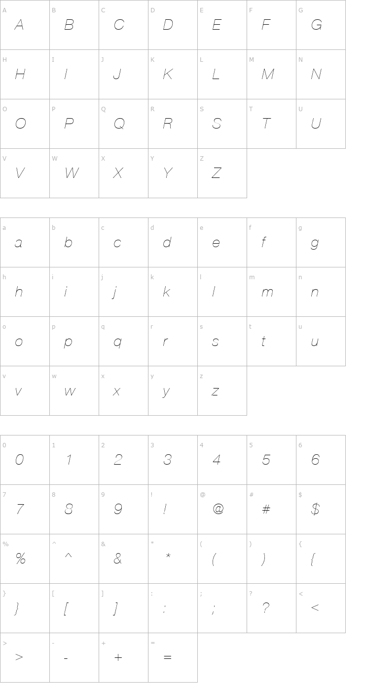 Character Map NimbusSanNovTUltLig Italic Font