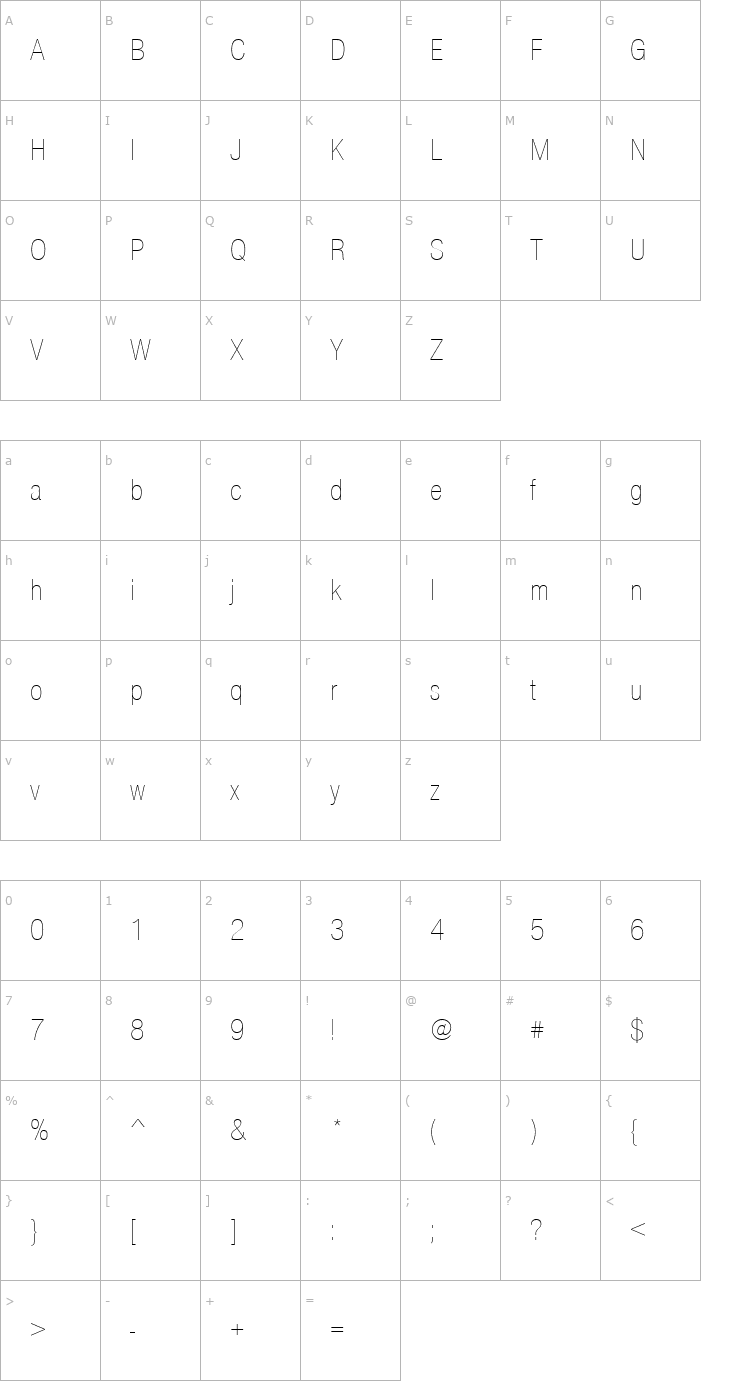 Character Map NimbusSanNovTUltLigCon Font