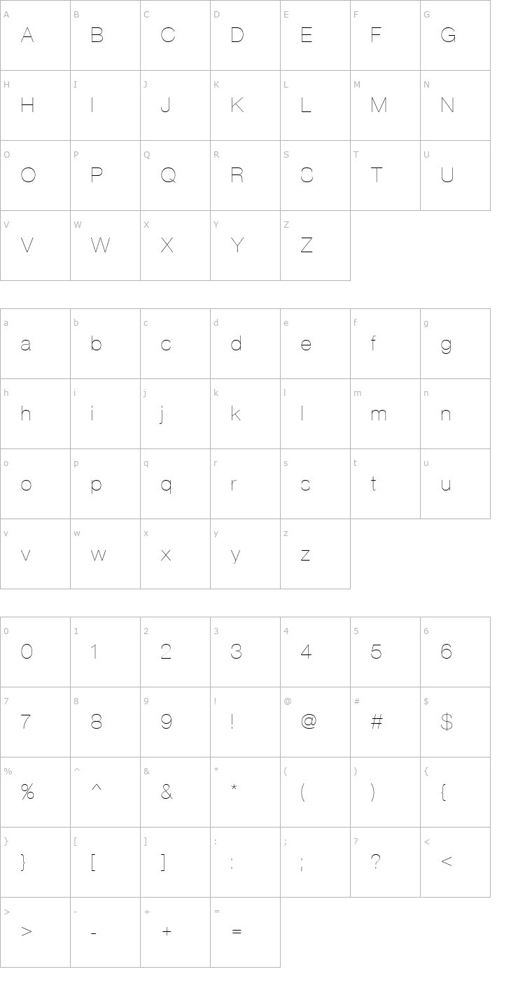 Character Map NimbusSanPUltLig Font