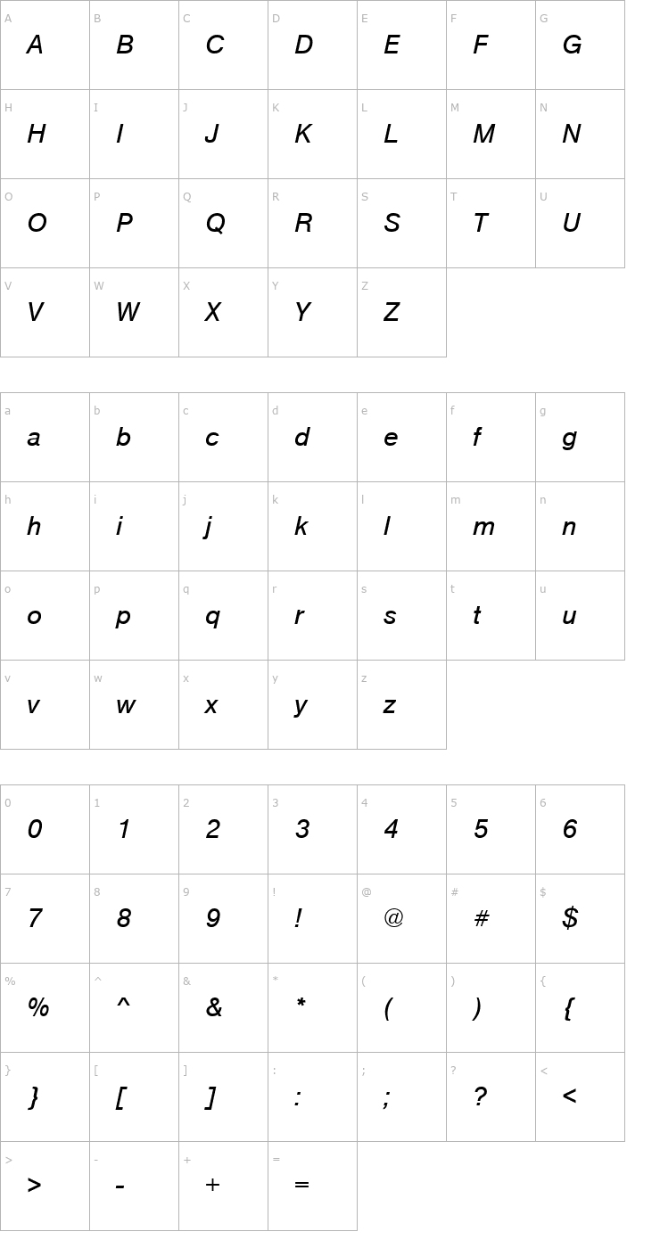 Character Map NimbusSanT Italic Font