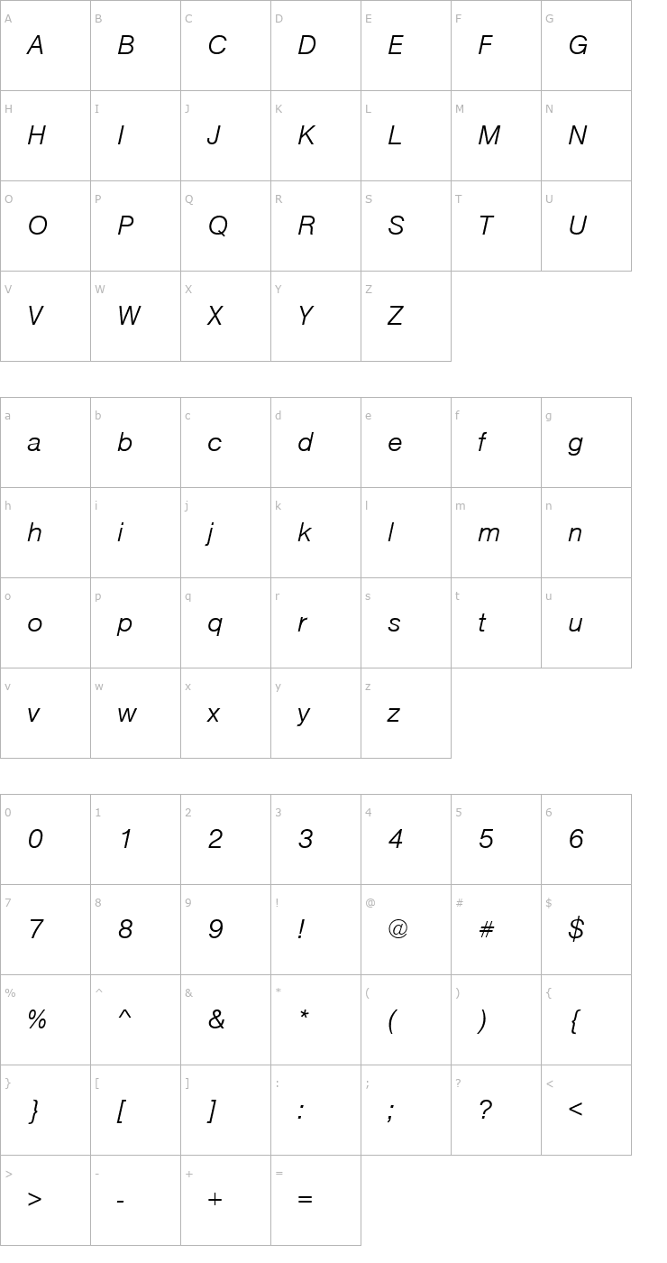 Character Map NimbusSanTLig Italic Font