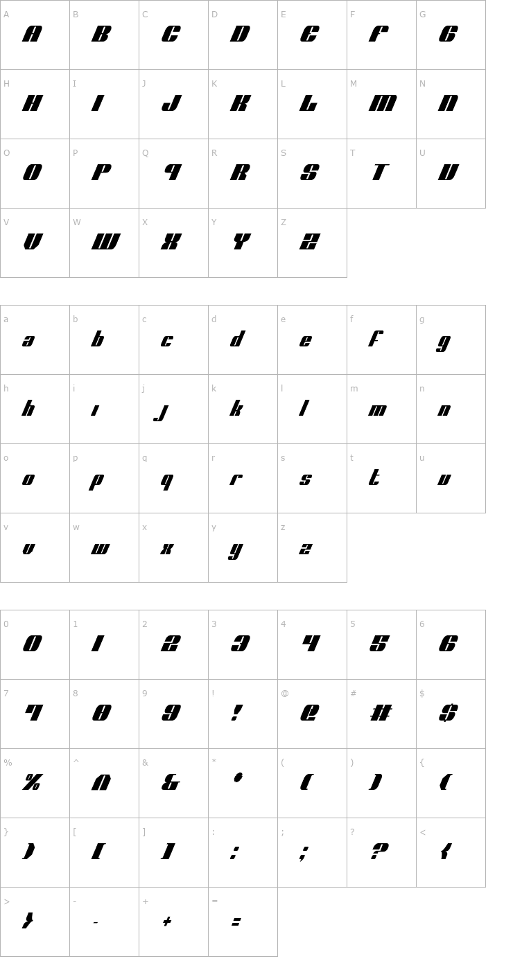Character Map Nolo Contendre Condensed Italic Font