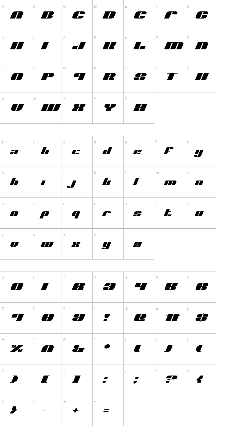 Character Map Nolo Contendre Expanded Italic Font