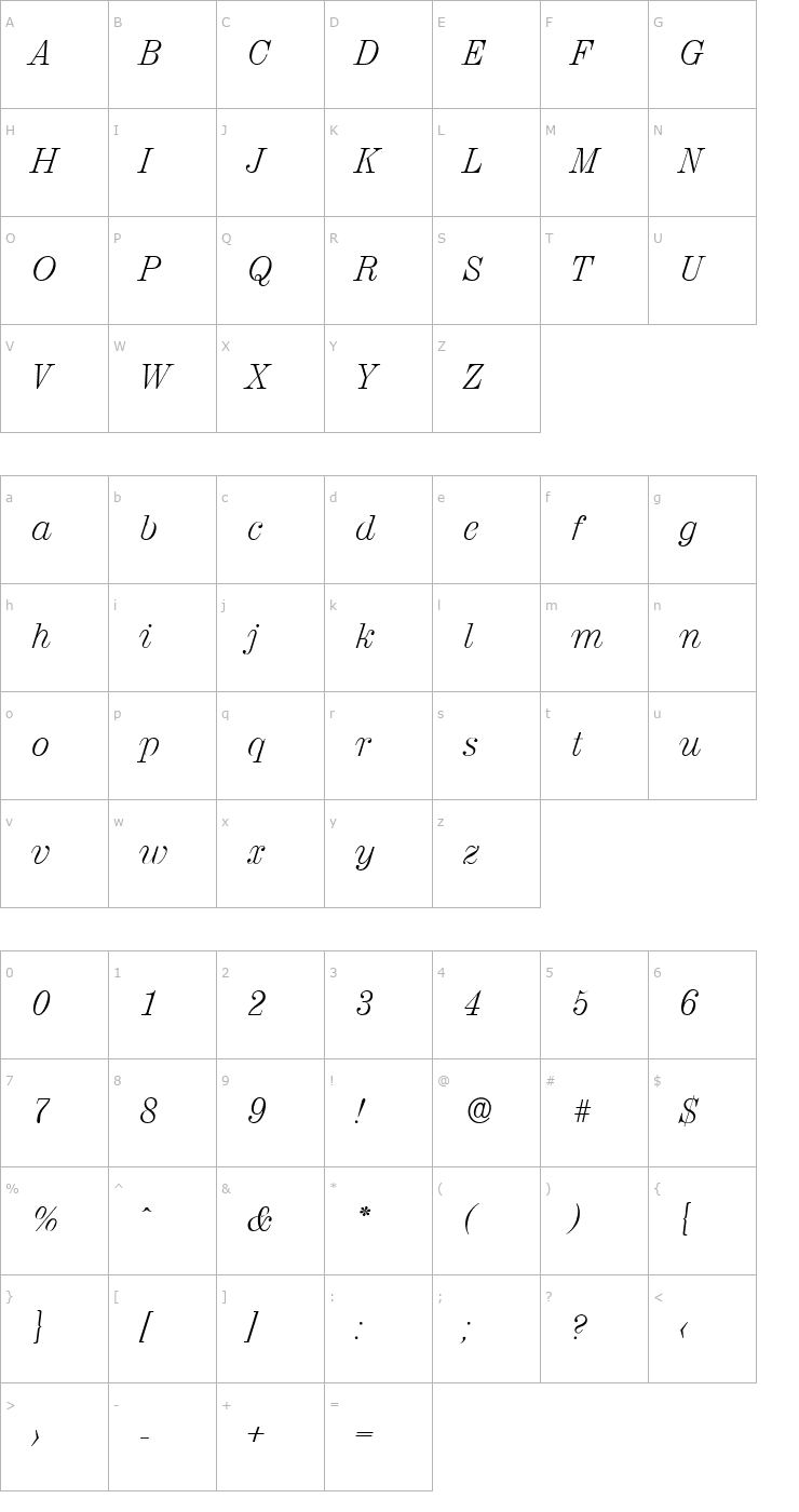 Character Map NormanBecker-ExtraLight Italic Font