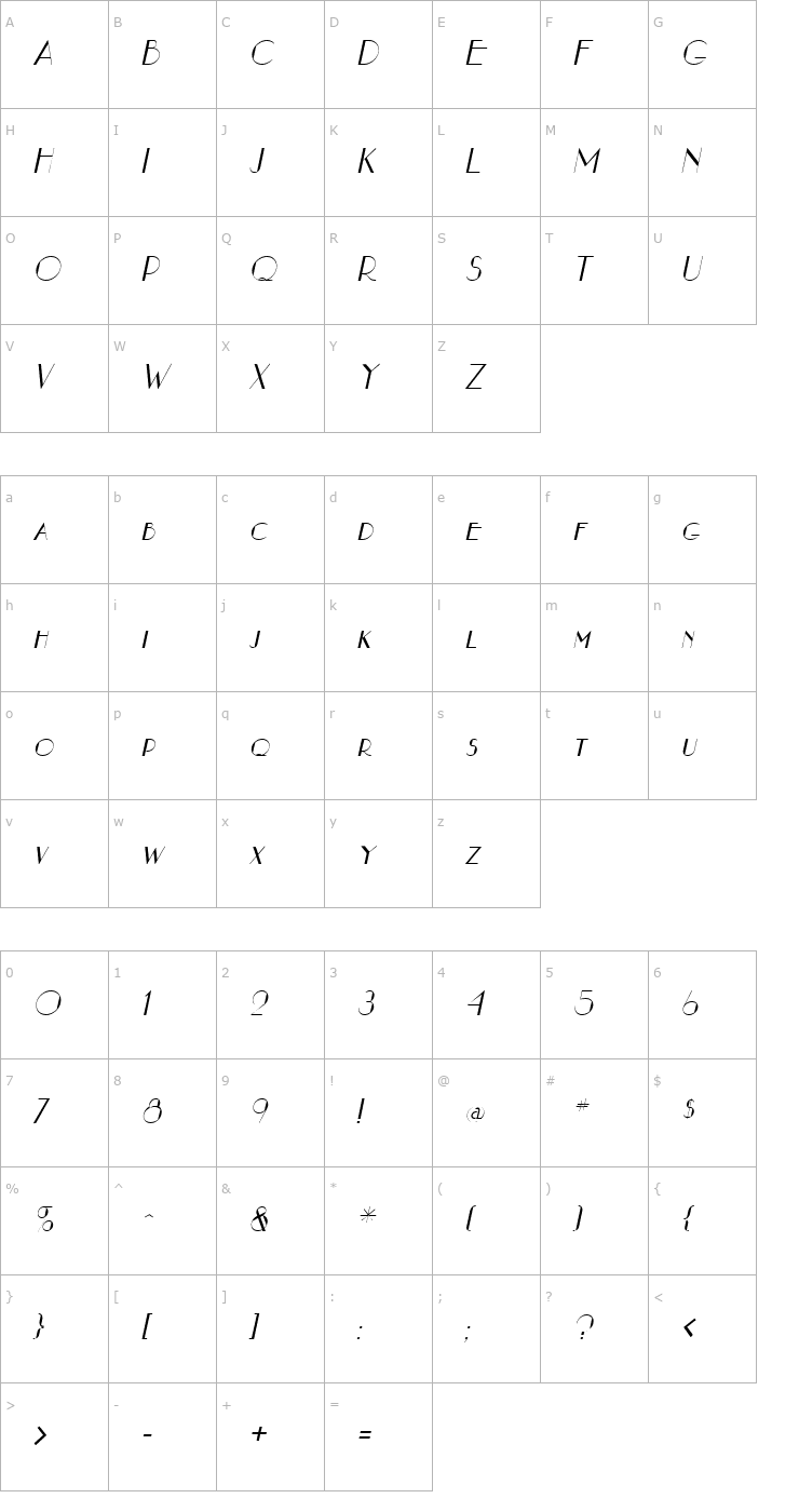 Character Map NouveauAsta Italic Font