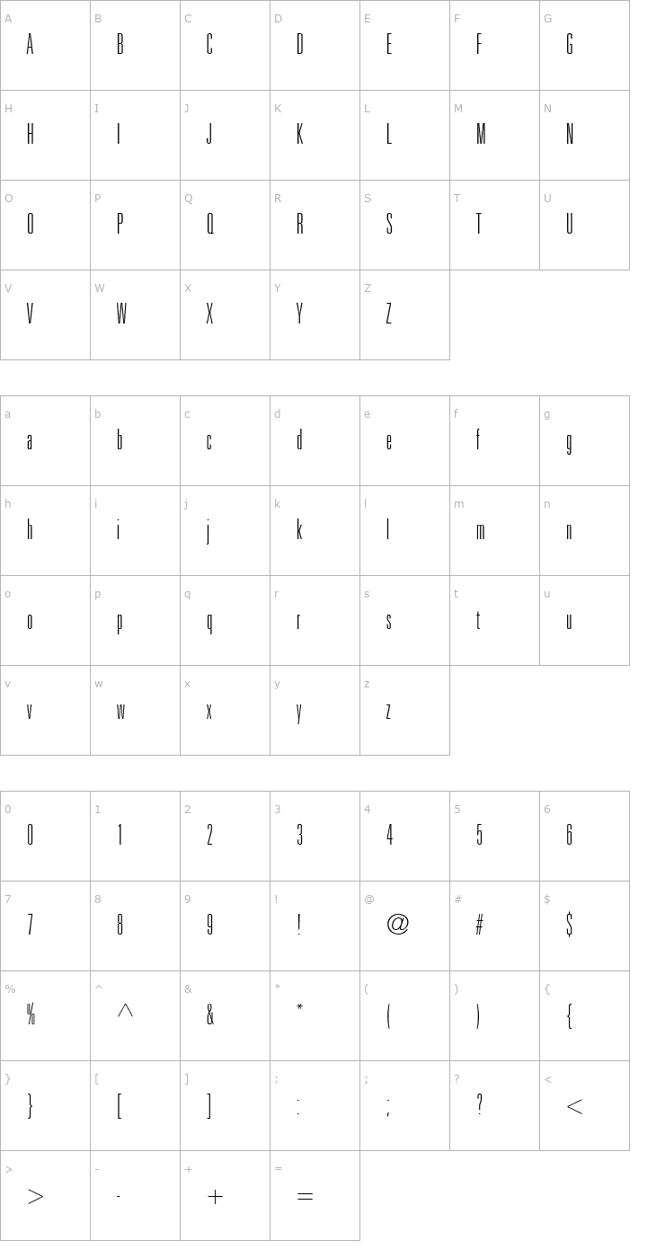 Character Map Nova Light Ultra SSi Thin Ultra Condensed Font