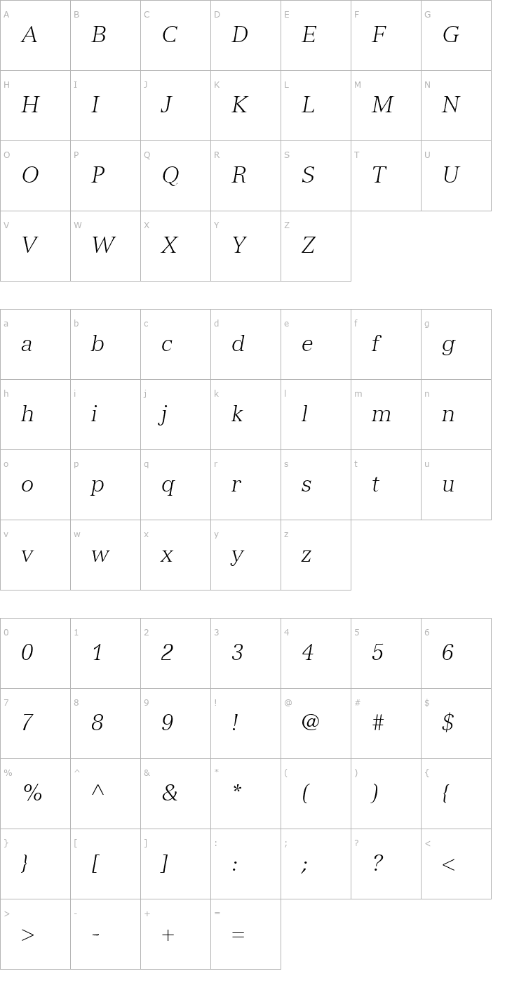 Character Map Nuance Light SSi Light Italic Font