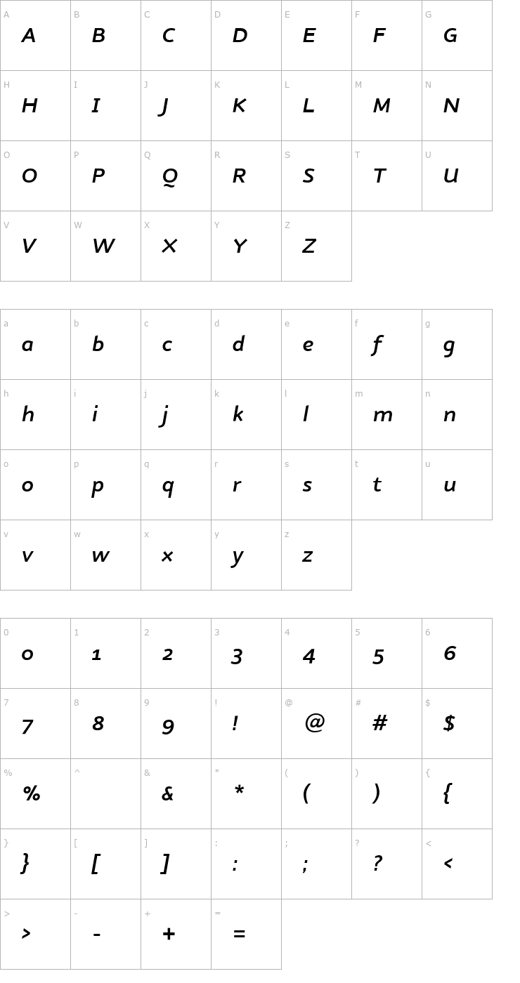 Character Map Nubian-DemiBoldItalic Font