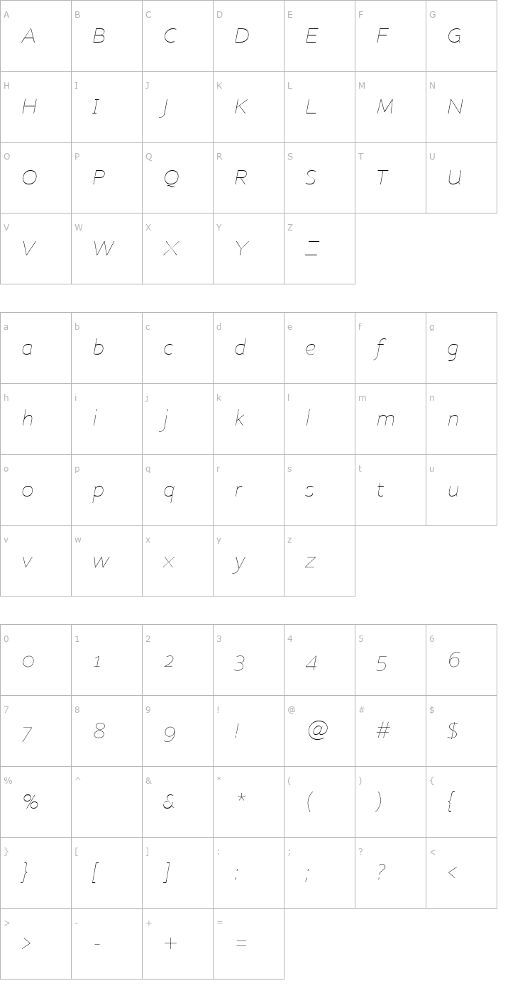 Character Map Nubian-ThinItalic Font