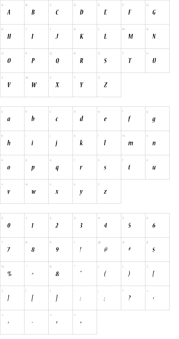 Character Map NuevaStd-BoldCondItalic Font