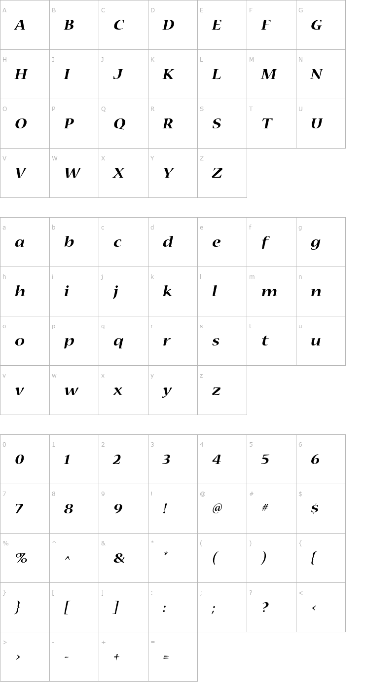 Character Map NuevaStd-BoldExtendedItalic Font
