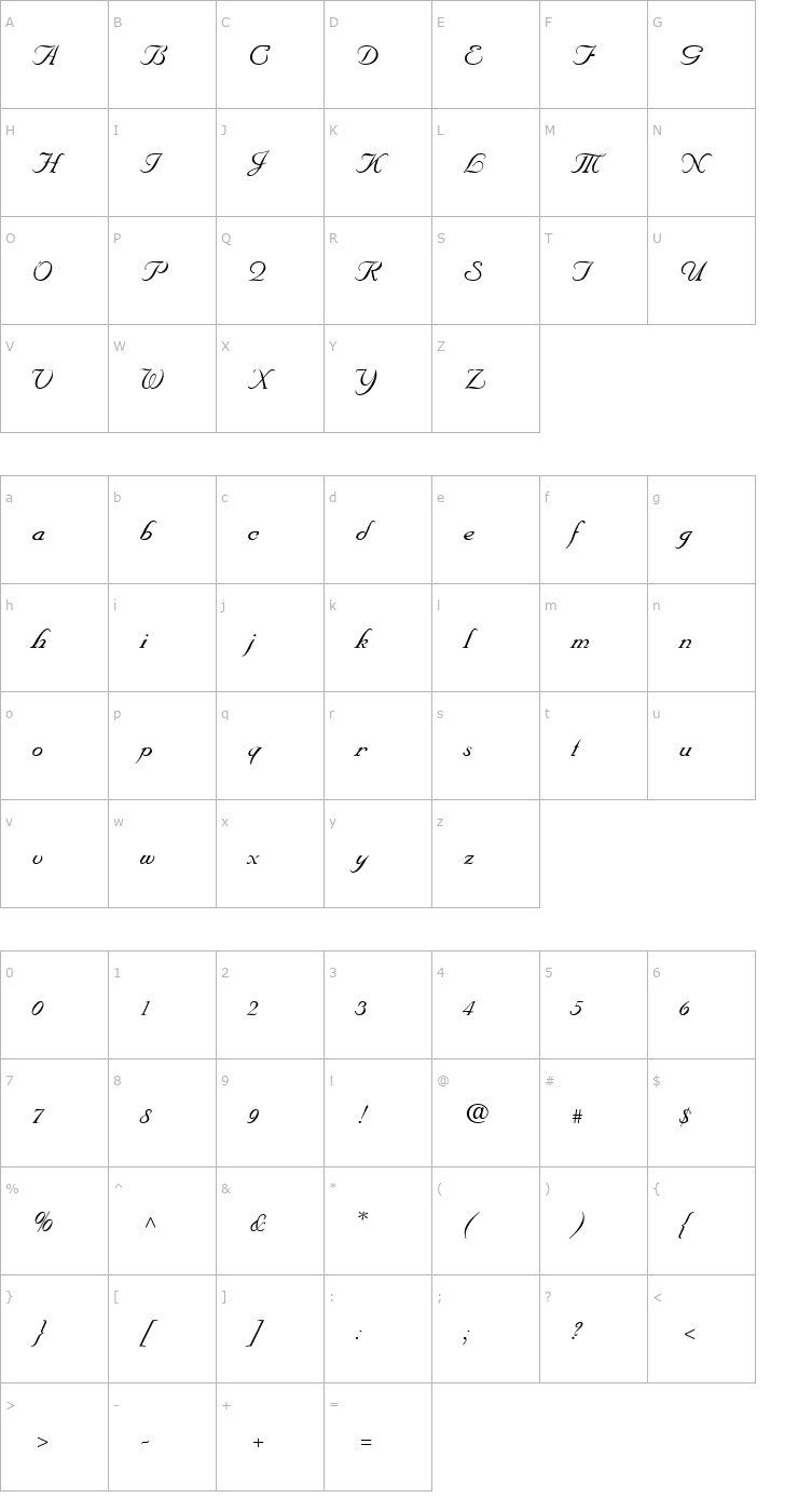 Character Map NuptialScript Italic Font