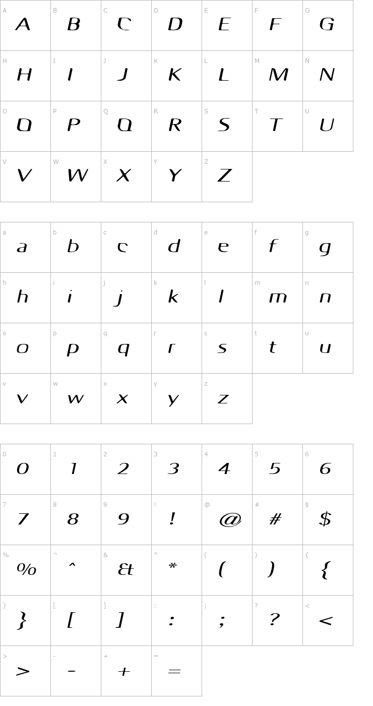 Character Map OdysseyExtended Oblique Font