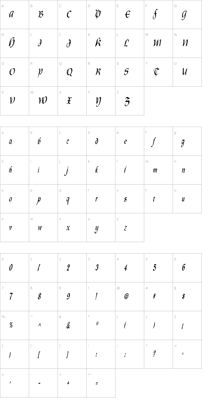 Character Map OldCountryCondensed Italic Font