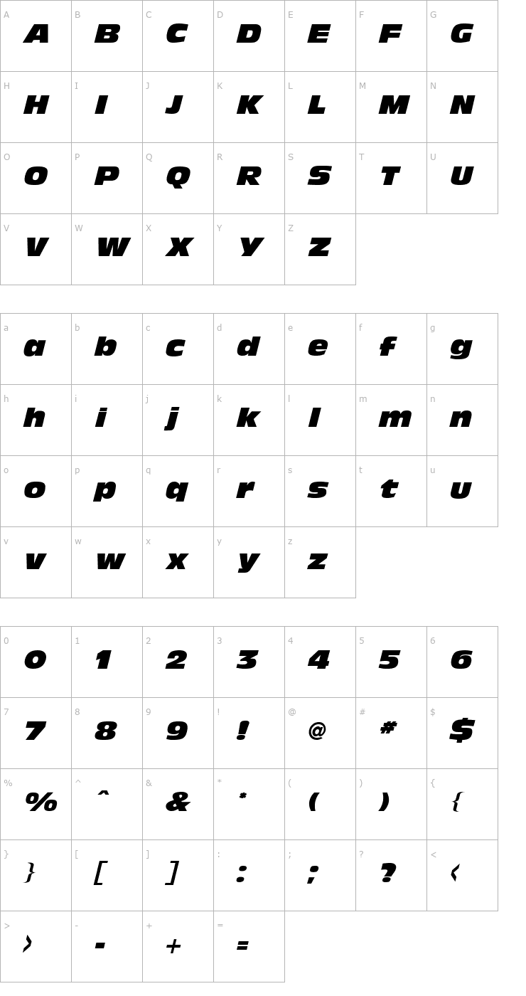 Character Map Olive Antique Black Extended Italic Font