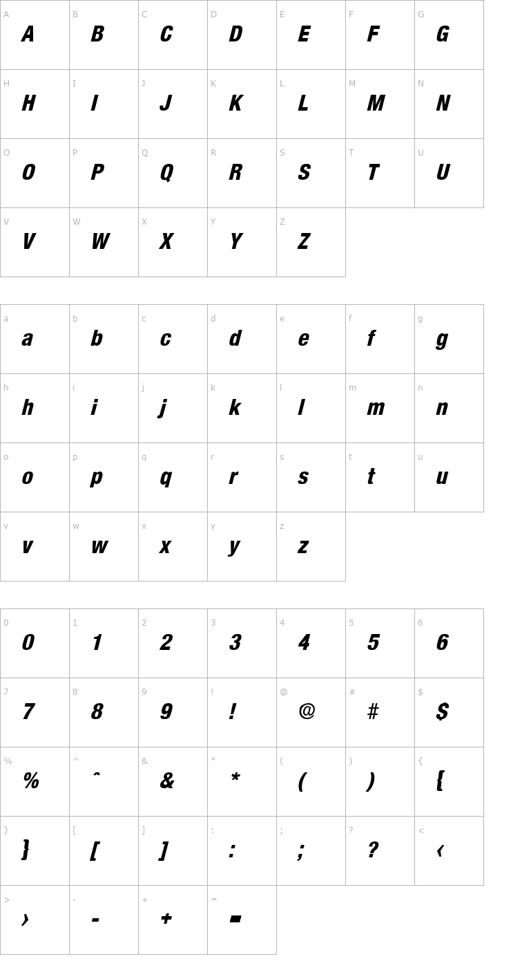 Character Map Olnova-ExtraBoldCondIta Font