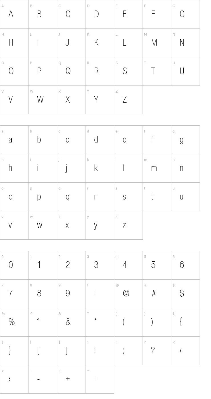 Character Map Olnova-LightCond Font
