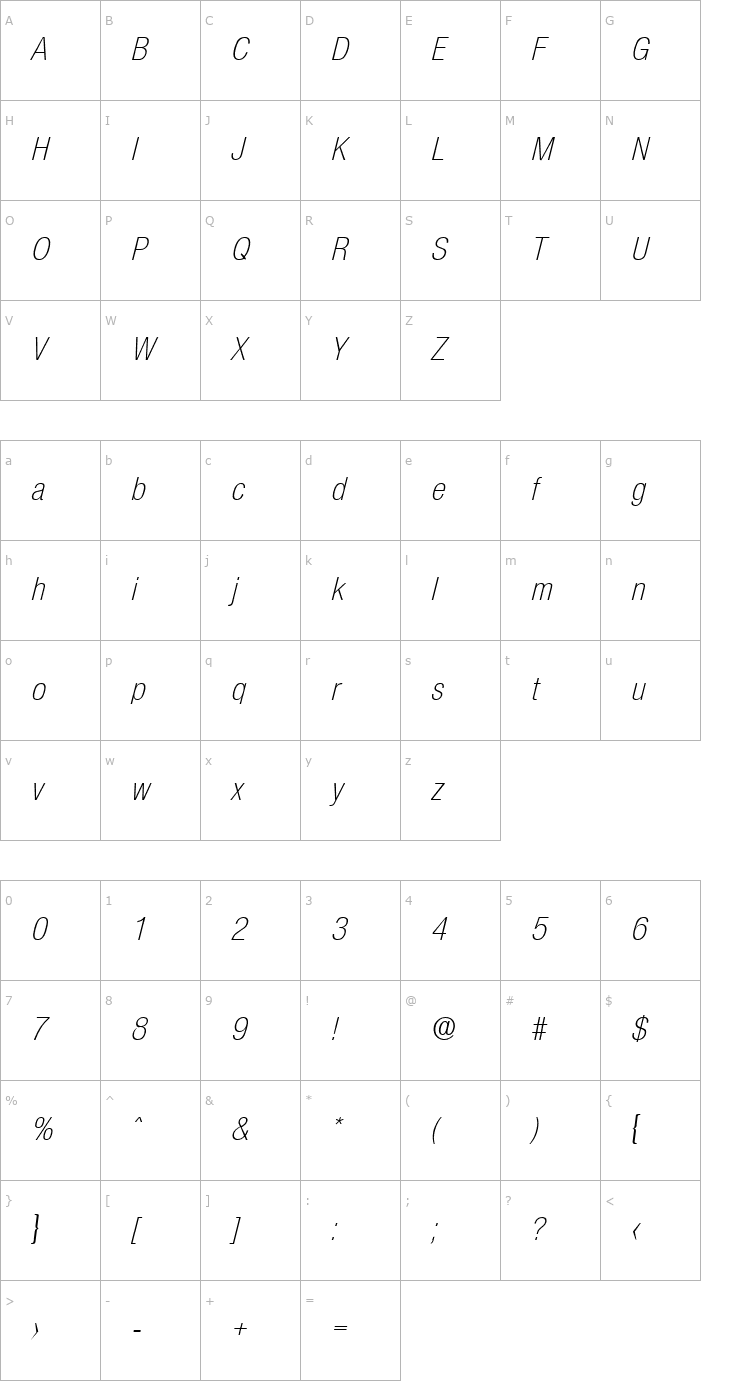 Character Map Olnova-LightCondIta Font