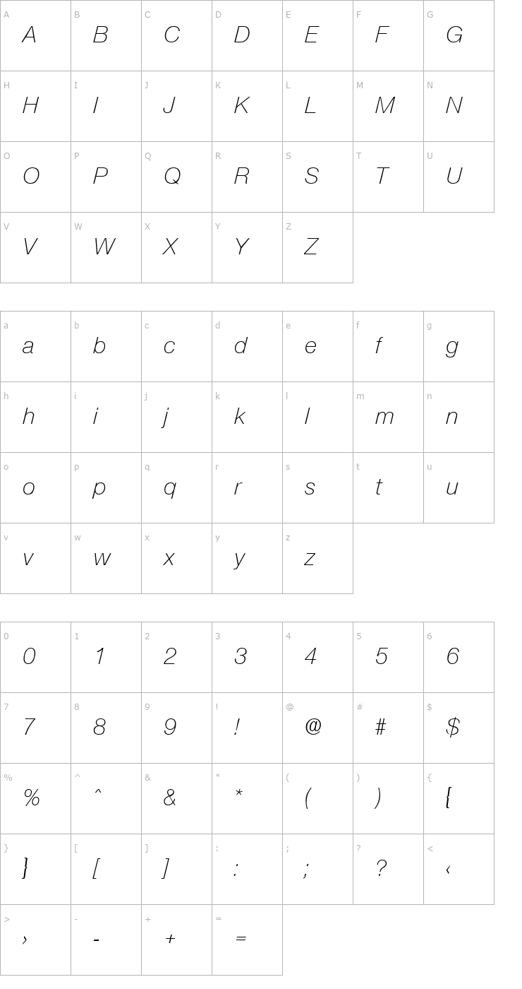Character Map Olnova-LightIta Font